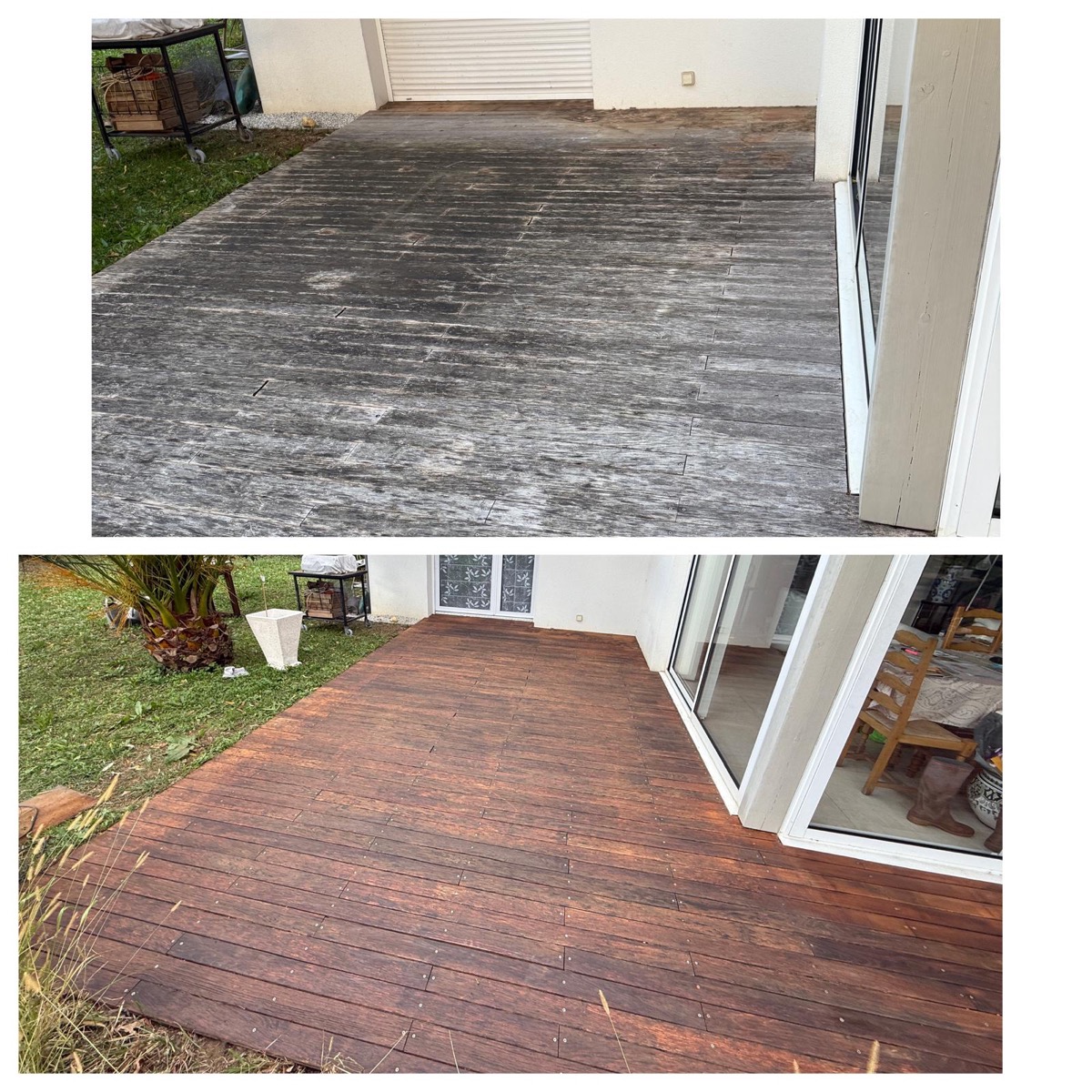 Terrasse en pin classe 4 nettoyée par brossage à sec professionnel