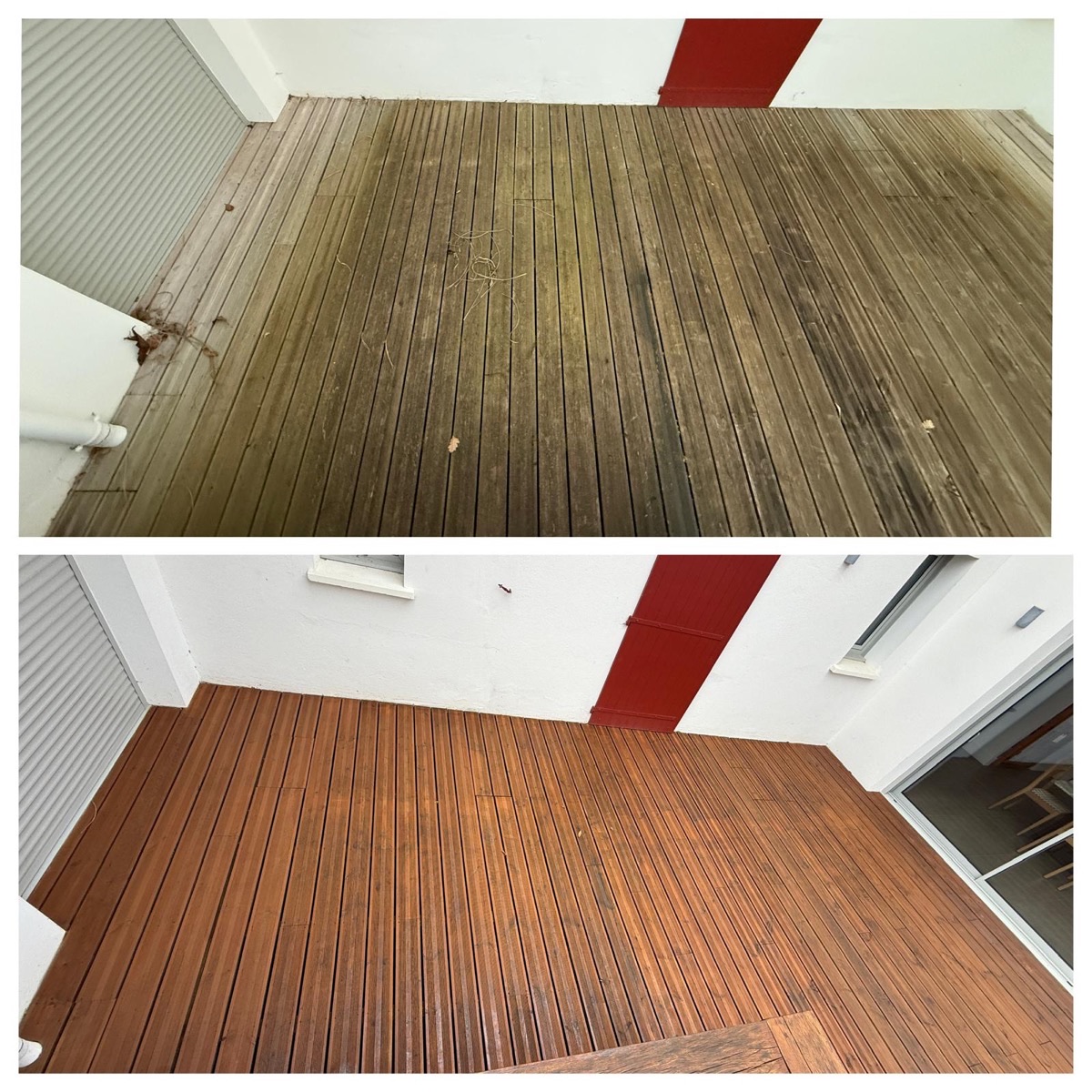 Nettoyage Terrasse Bois à Tarnos — Avant et après nettoyage terrasse bois envahie de mousse verte